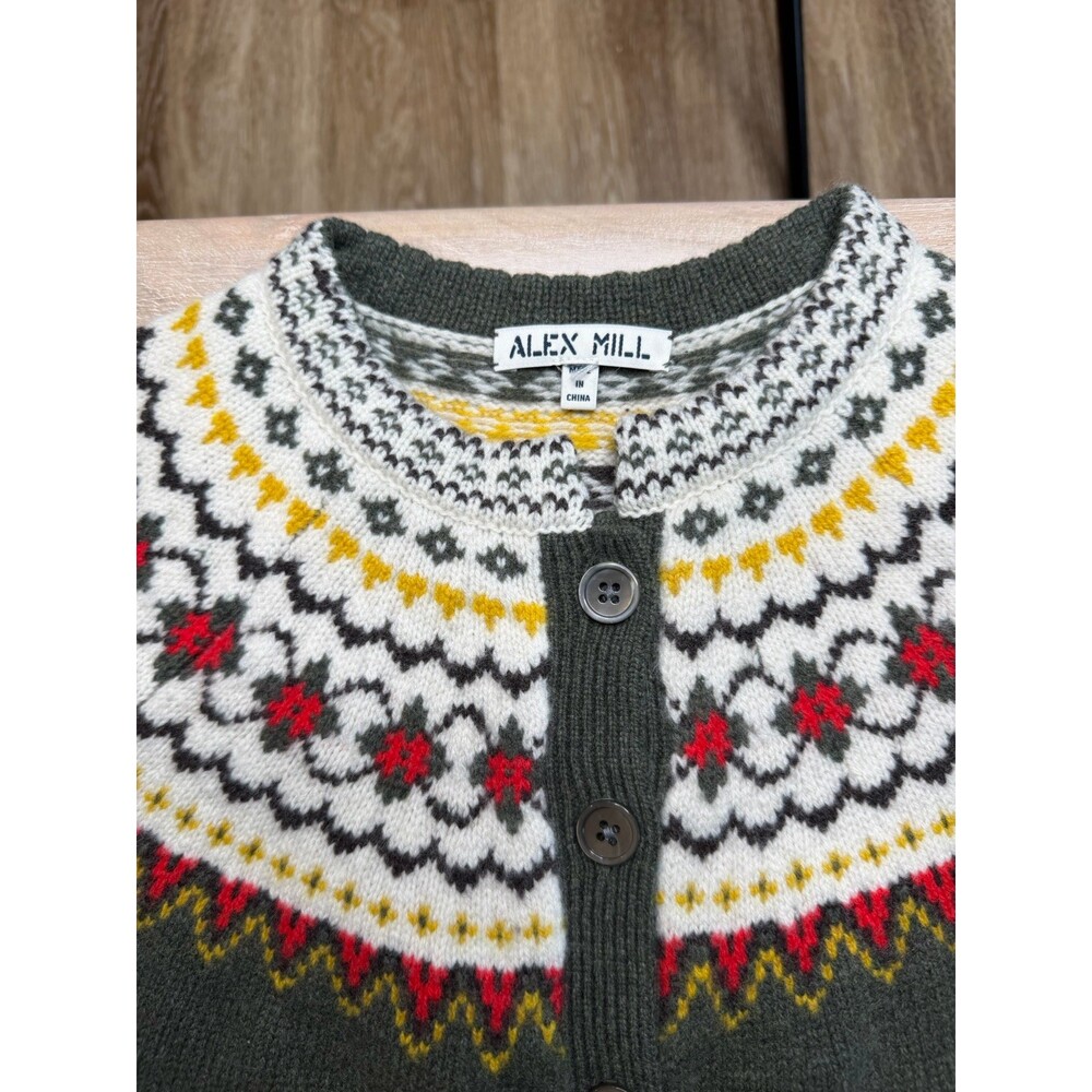 Alex Mill Hilde Fair Isle Cardigan Sweater in Thyme Multi Green Size Medium - Picture 4 of 8